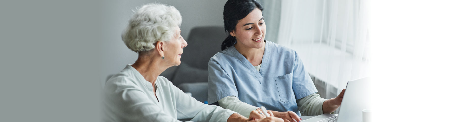 senior woman and a woman caregiver using laptop smiling